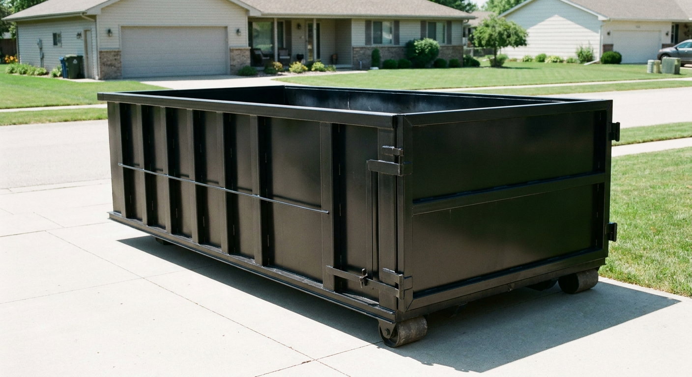 Matte-black 10-yard roll-off dumpster on a residential concrete driveway in Halfmoon Bay, uniformly painted matte black across every panel and rail, ribbed steel sidewalls and rear swing door visible, mid-day daylight.