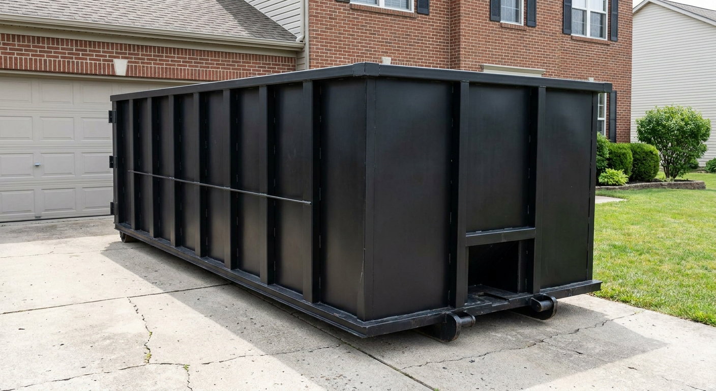Matte-black 20-yard roll-off container on a Halfmoon Bay residential concrete driveway with reinforced ribbed steel sidewalls and a hinged rear walk-in door, clean bright daylight.