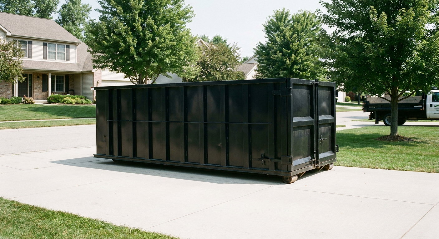 Matte-black 20-yard roll-off dumpster sitting level on a clean Halfmoon Bay residential concrete driveway under bright daylight, demonstrating clean placement directly on the concrete.