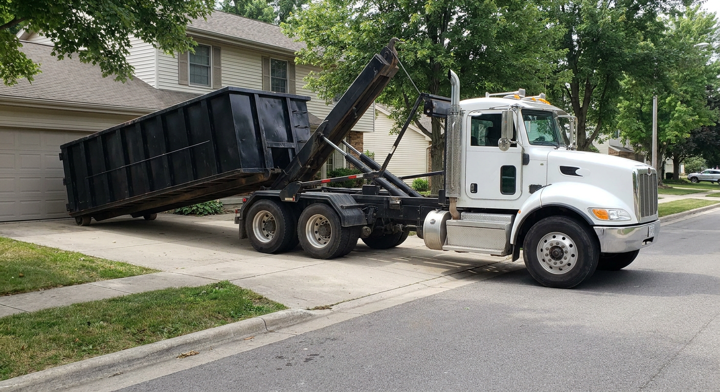White-cab hooklift roll-off truck actively lowering a matte-black dumpster onto a Halfmoon Bay residential concrete driveway, the dumpster's rear wheels touching the driveway as the hoist arm tilts the bed forward, mid-morning daylight.