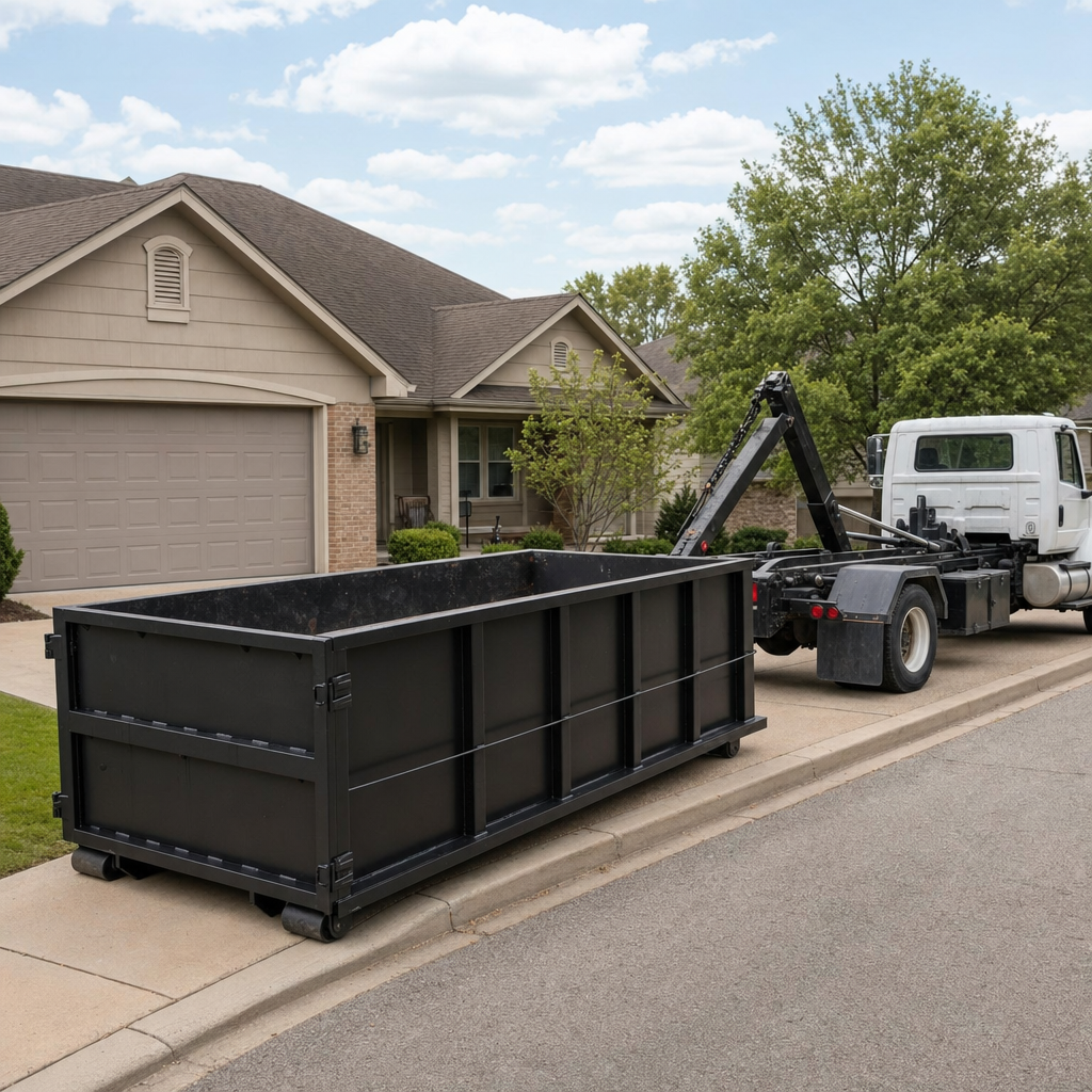 Wide documentary shot of a matte-black roll-off dumpster on a Halfmoon Bay residential driveway in the foreground and a contractor jobsite container in the soft-focus background, bright daylight, calm and orderly composition.